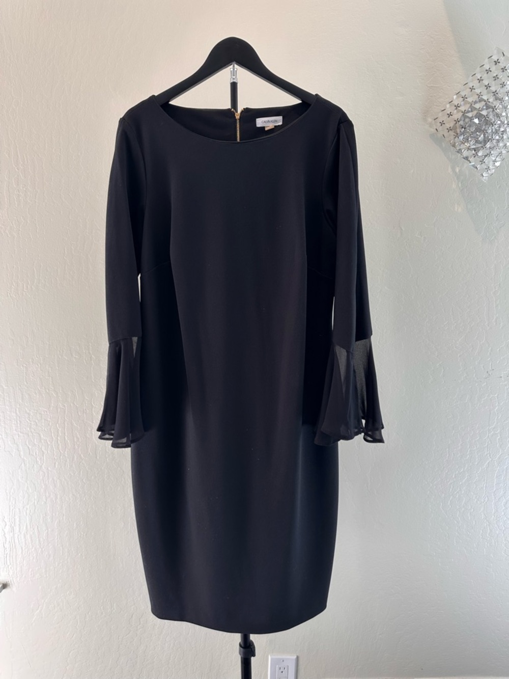 Calvin Klein Black Long Sleeve Shift Dress with Sheer Bell Sleeves